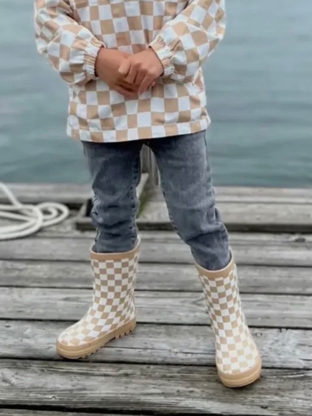 Phoenix & Co. Kids Checkerboard Rain Boots Mustard/Tan White Size 12